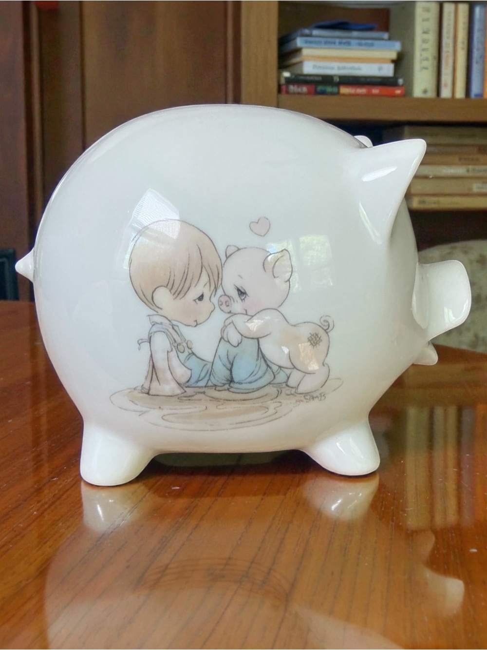 Precious Moments White Ceramic Piggy Bank with Boy and Piglet Illustration 1985